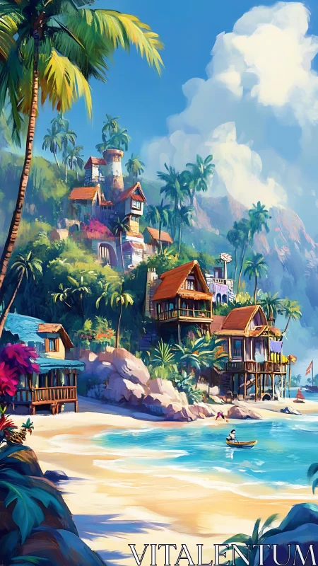 Tropical Coastal Resort Architecture with Tower Castle and Palm-Lined Beachscape