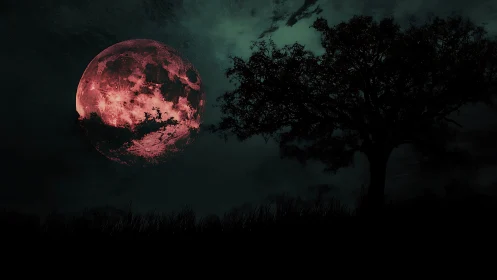 Red lunar disc over silhouetted tree in dark landscape.