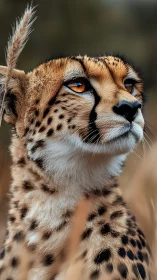 Cheetah gazes through tall savanna grass in warm light.