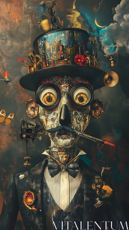 Surreal gentleman automaton with ornate hat and gadgets