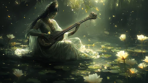 Luminous lotus goddess strums a river of quiet starlight.