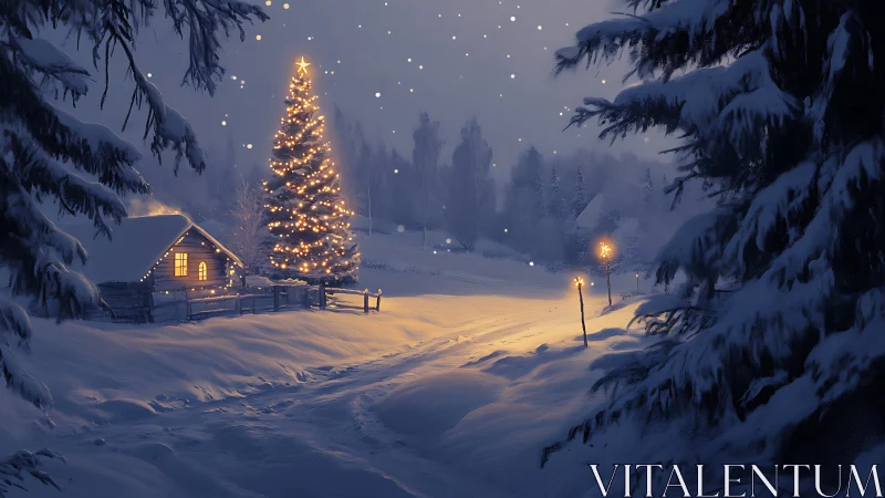 Snow covered cabin and lit tree in quiet winter landscape.