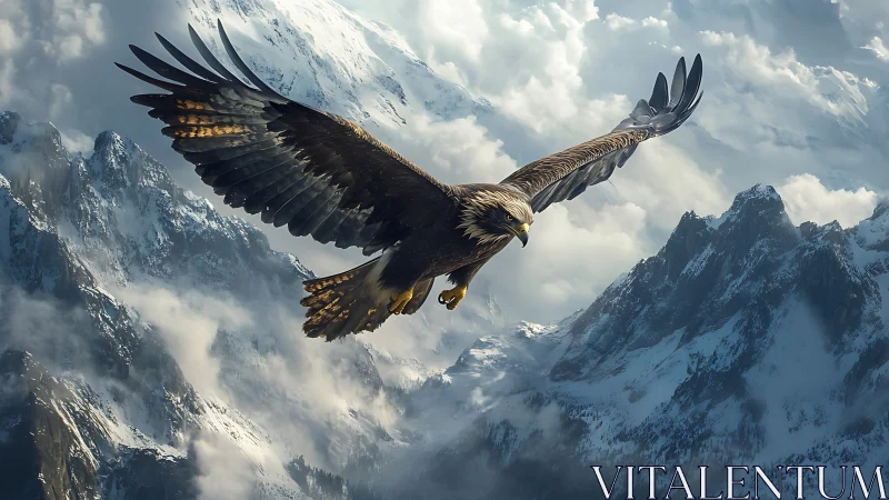 Majestic eagle soaring over dramatic snowy mountains, photorealistic style.