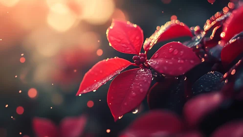 Red foliage with water droplets in shallow depth of field.