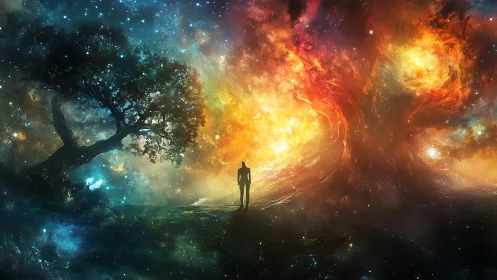 Stargazer Between Cosmic Tree Shadows and Firelit Skies.