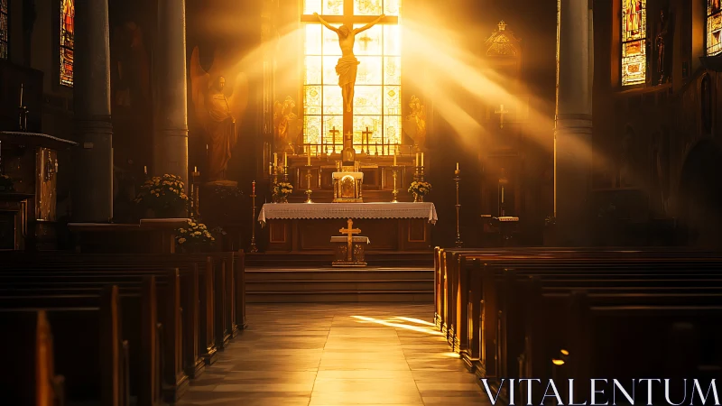 Sunlit church interior shows altar and crucifix in warm light