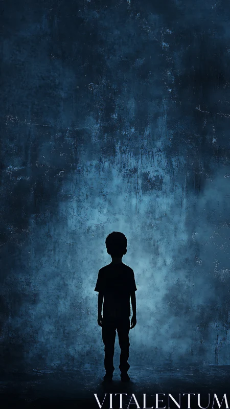 Quiet silhouette of a child stands in a softly glowing blue haze