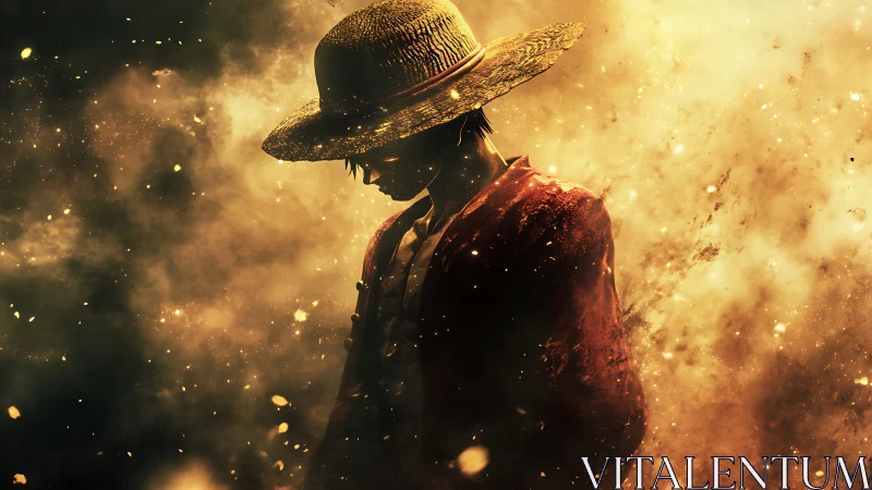 Straw hat anime figure in smoky golden backlight scene.