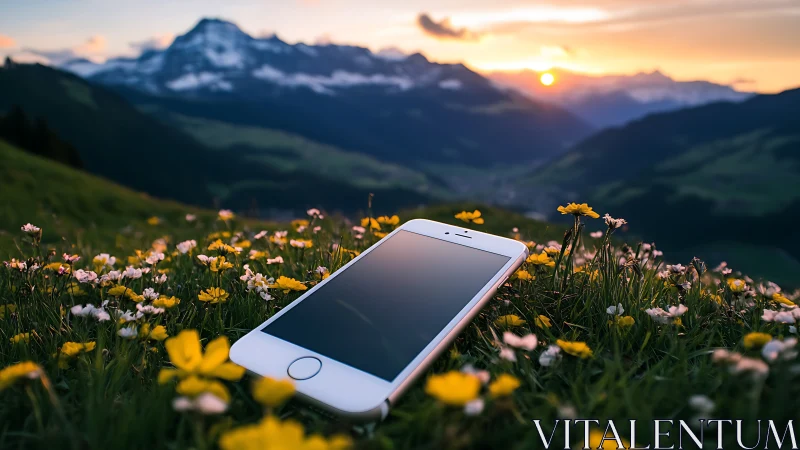 Smartphone rests in alpine meadow under glowing sunset sky