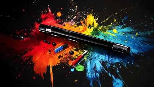 Digital stylus and paint splash collide in vivid color burst.