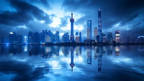 Nocturnal blue megacity skyline with mirrorlike harbor reflection