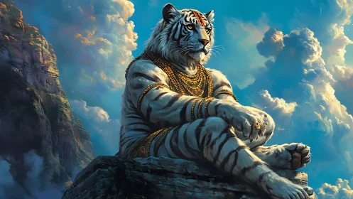 Regal white tiger demigod seated on misty mountain ledge.