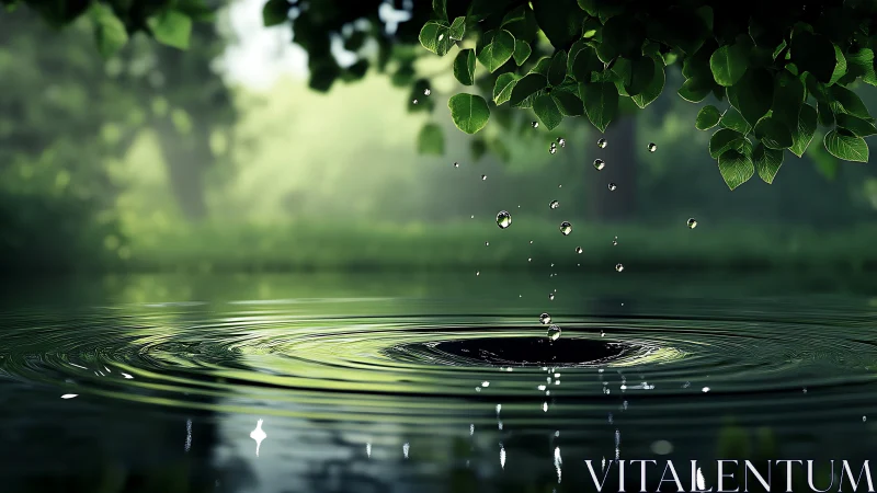 Forest pond ripples form around falling water droplets.