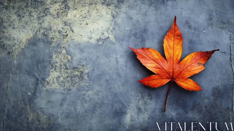 Single maple leaf on weathered blue concrete background