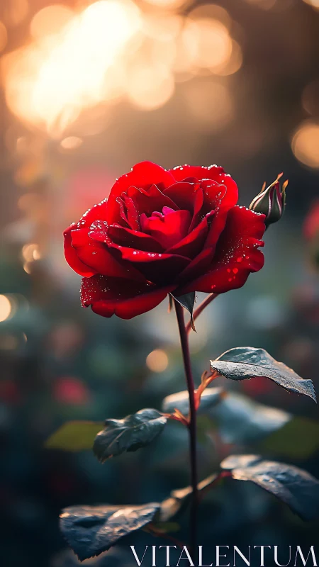Crimson rose in dewy close-up under glowing bokeh light.