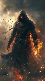 Fire wraith emerges from burning storm-scarred wasteland.