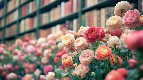 Ranunculus Blooms Against Library Shelves.
