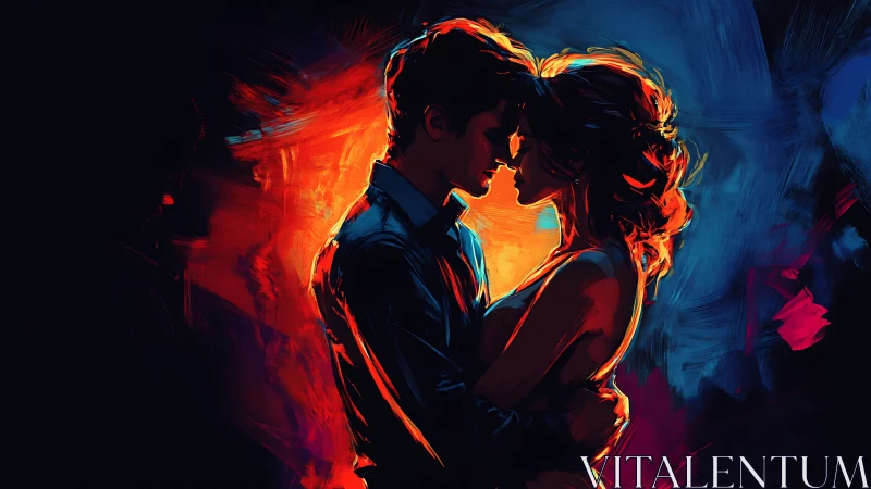 Neon Silhouette Couple Embracing in Fiery Luminescence.