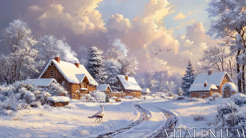 Idyllic winter village rendered in luminous painterly realism