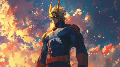 Heroic muscular figure under dramatic painterly sky.