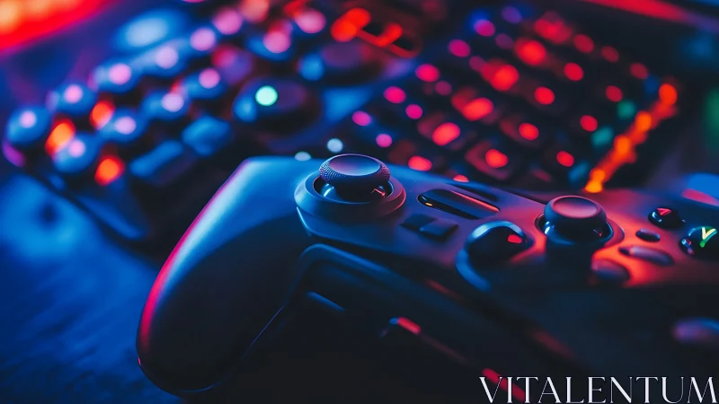 Gaming controller closeup with colorful RGB keyboard.