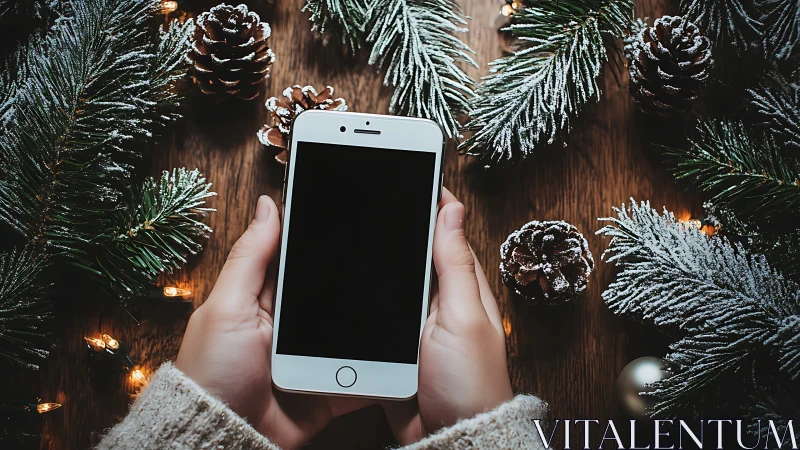 Smartphone held in hands amid snow covered festive foliage.