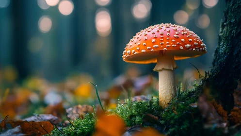 Fly agaric mushroom stands in soft-focus autumn forest