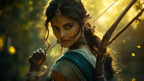 Forest archer gazes back with quiet strength and golden light