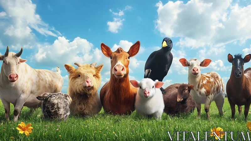 Farm animals stand aligned on bright meadow under vivid sky