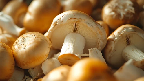 Sunlit mushrooms quietly assemble in a golden forest of caps