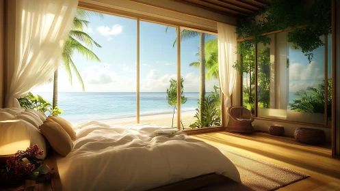 Sunlit coastal bedroom overlooks tranquil tropical beach