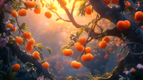 Glowing tangerine grove under warm ethereal sunset light.