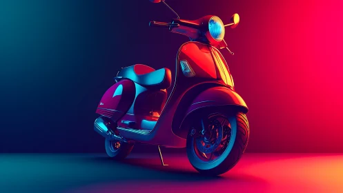 Red retro scooter stands under vivid blue and pink lighting
