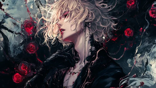 Profile view of blond figure amid abstract red floral forms