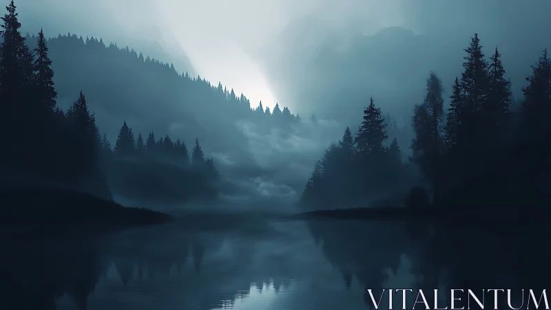 Misty conifer forest surrounds still mountain lake at dawn