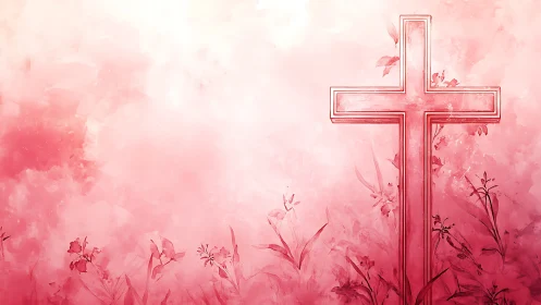 Pink watercolor cross rises over soft floral background