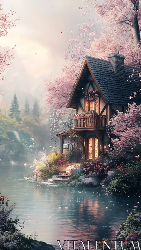 Dreamlike cottage nestles by a cherry blossom riverbank.
