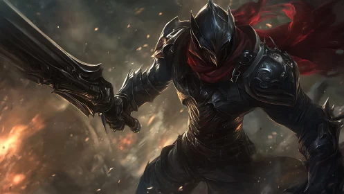 Heavily armored dark knight lunging with oversized runic sword