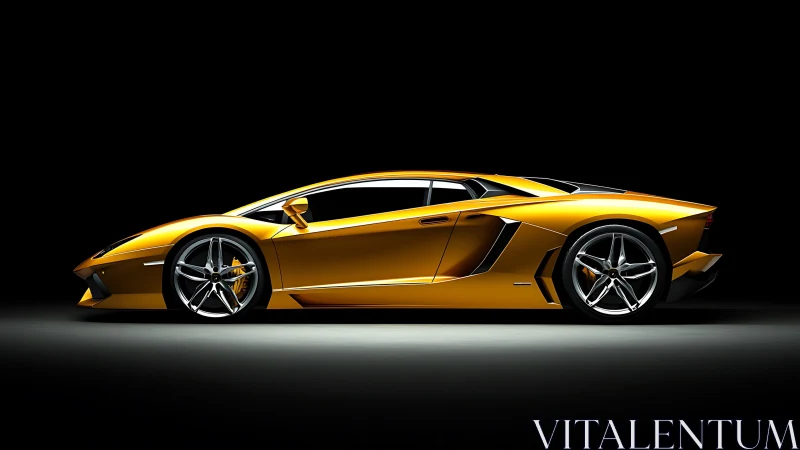 Side view shows low-profile gold sports coupe in studio