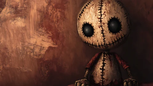 Distressed stitched doll portrait under warm textured light