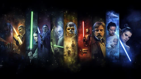 Digital painting montage of intergalactic heroes and starcraft.