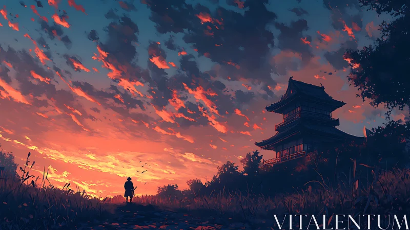 Lone samurai walks toward a silent pagoda at burning dusk