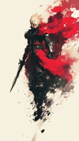 Lone warrior in a red cloak strides through swirling battle.