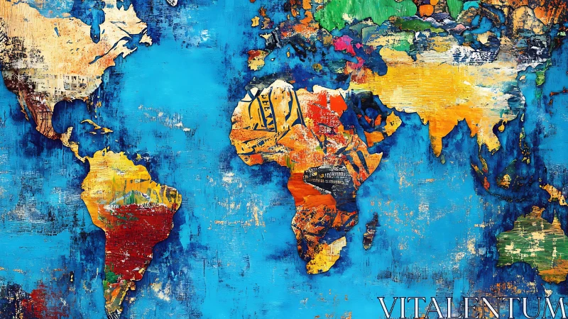 Color-splashed world map unfolds across textured blue oceans.
