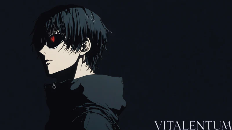 Dark-haired anime loner with glowing red eyes stands alone.