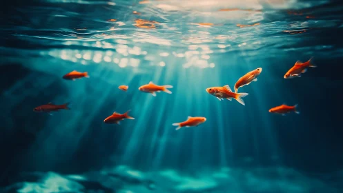 Sunlit goldfish drift through cathedral-blue underwater glow.