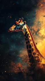 Giraffe head rising through fiery cosmic clouds at night.