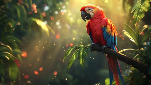 Vibrant scarlet macaw on jungle branch in magical sunlight.