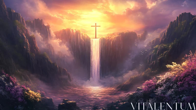 Cross stands over vertical waterfall between illuminated cliffs