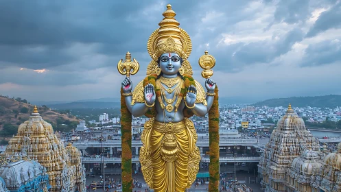 Skyward deity towers over temple city in stormlit gold.